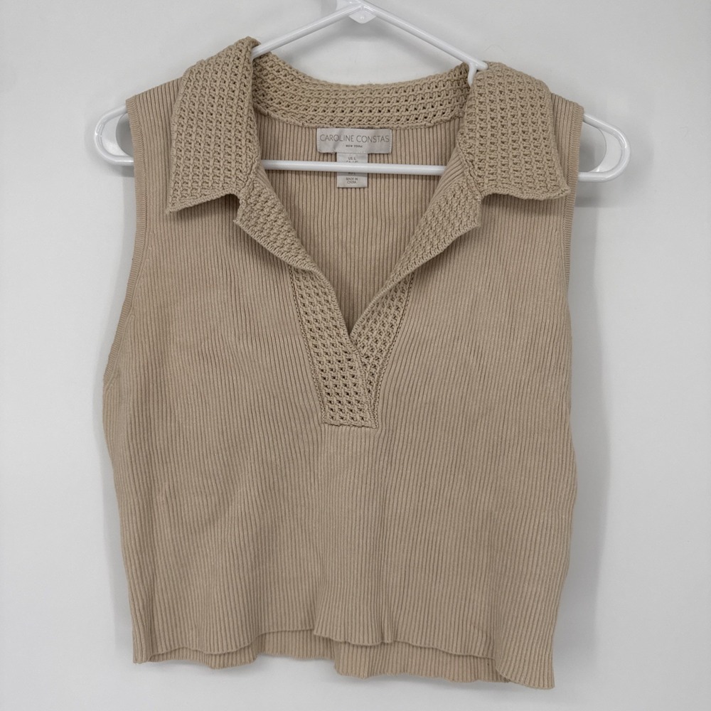 Caroline Constas Knit Cream Ribbed V Neck Crochet Collar Tank‎ Top Cottagecore L